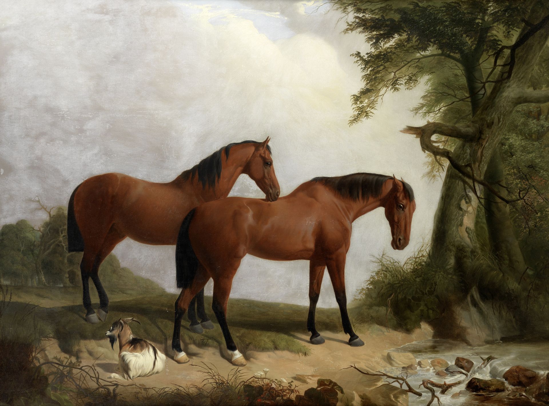 Attributed to James Walsham Baldock (British, 1822-1898) Two bay horses in a landscape with a goa...