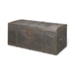 A mid 17th century German iron mounted and close-nailed leather clad oak strong box or casket