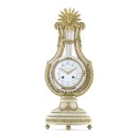 An early 20th century French gilt bronze mounted and white marble lyre mantel clock the dial sign...