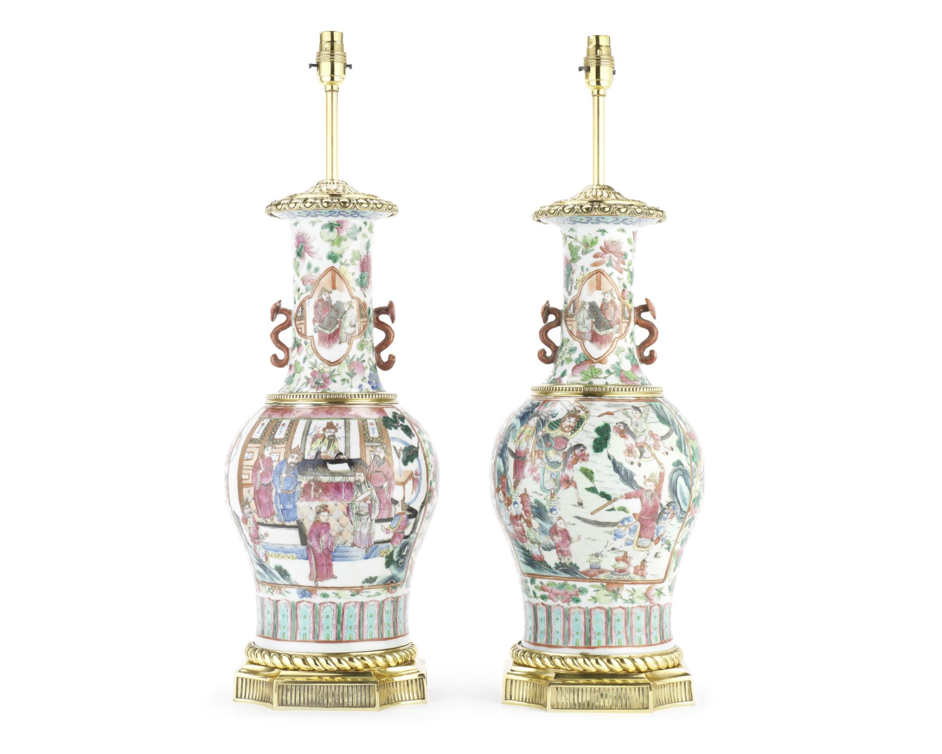 A pair of polished brass mounted Chinese famille rose porcelain vase lamp bases (2)