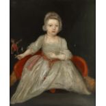 British School, early/mid 19th century A primitive school portrait of a young girl, seated, holdi...