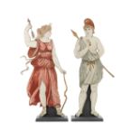 A pair of late 18th / early 19th century embroidered classical figural panels depicting Artemis a...
