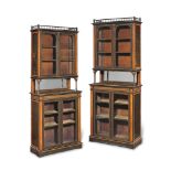 A pair of late Victorian ebonised, amboyna, purplewood and chequer inlaid display cabinets (2)