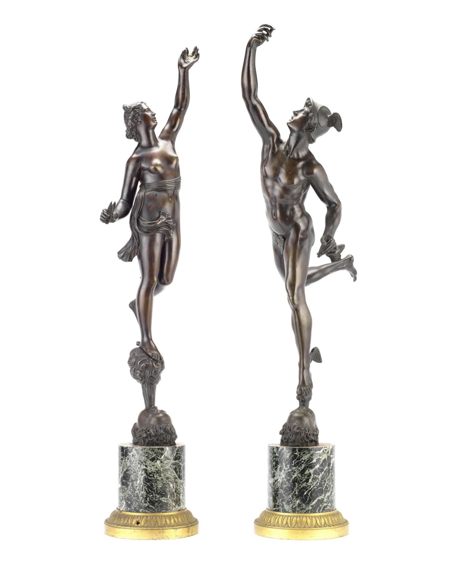 After Giambologna (Italian, 1529-1608): A pair of late 19th century patinated bronze figures of M...