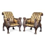A pair of very large mahogany library bergeres in the Regency style, after Charles Heathcote Tath...
