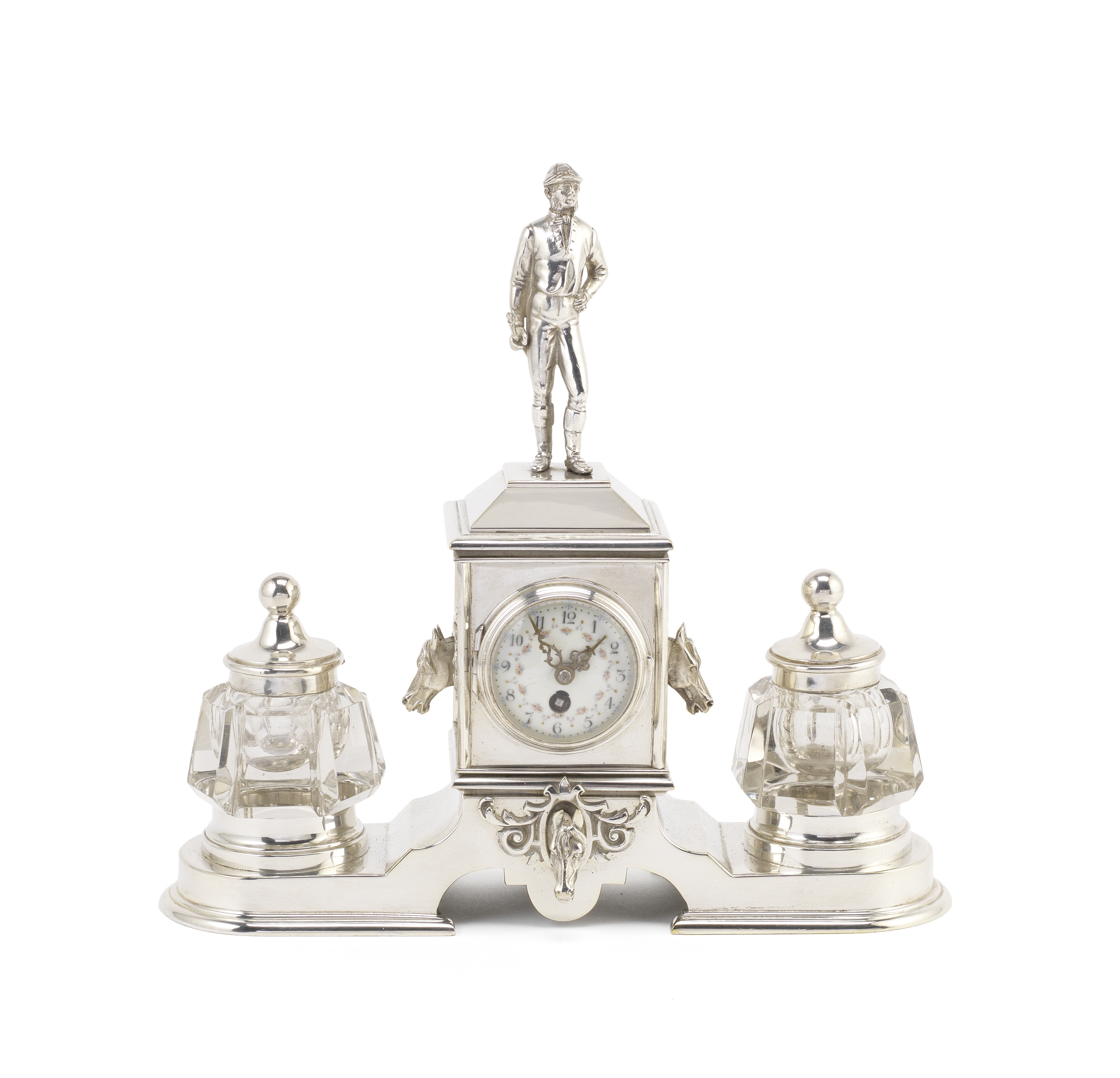 A silver-plated timepiece inkstand late 19th century