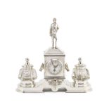 A silver-plated timepiece inkstand late 19th century