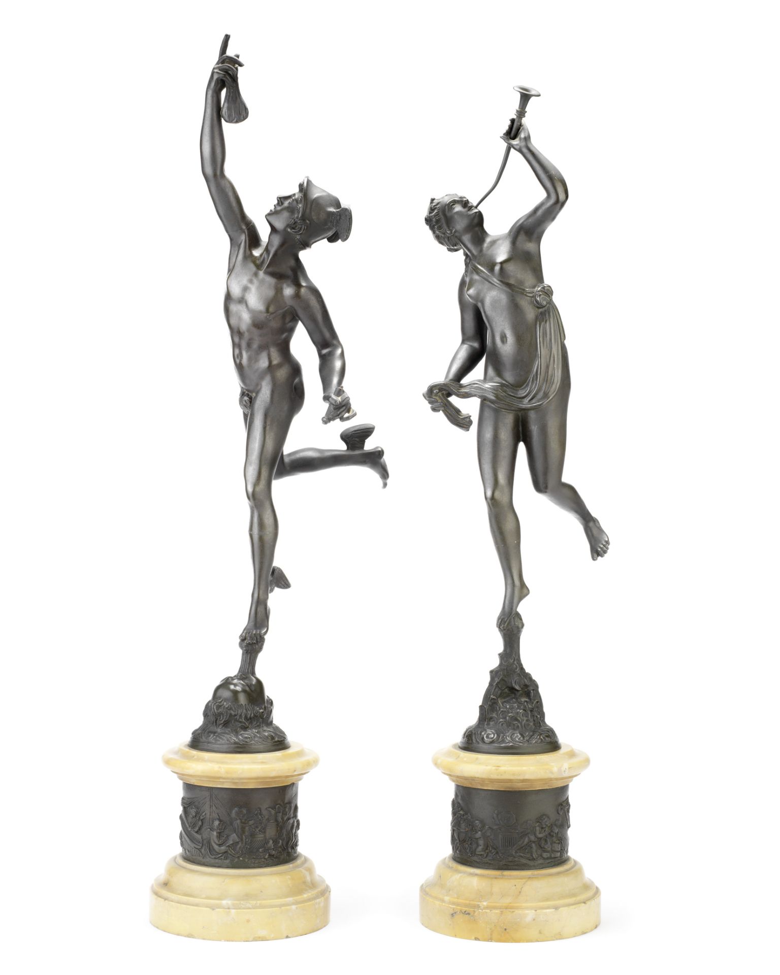 After Giambologna (Italian, 1529-1608): A pair of early 20th century patinated bronze figures of ...