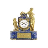 A 19th century French gilt bronze and Lapis Lazuli figural mantel clock, in the Louis XVI style,...