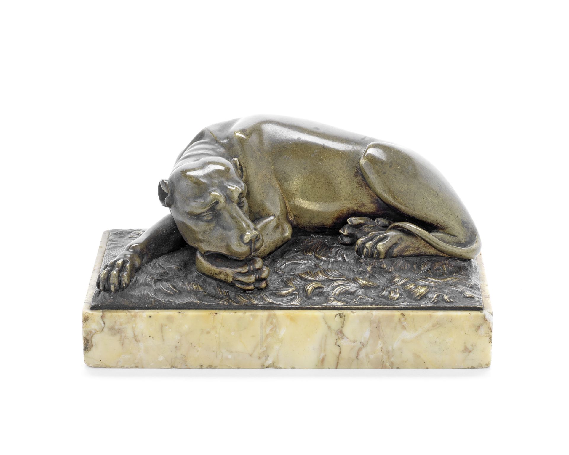 A mid 19th century 'Grand Tour' type patinated bronze and marble model of a recumbent hound