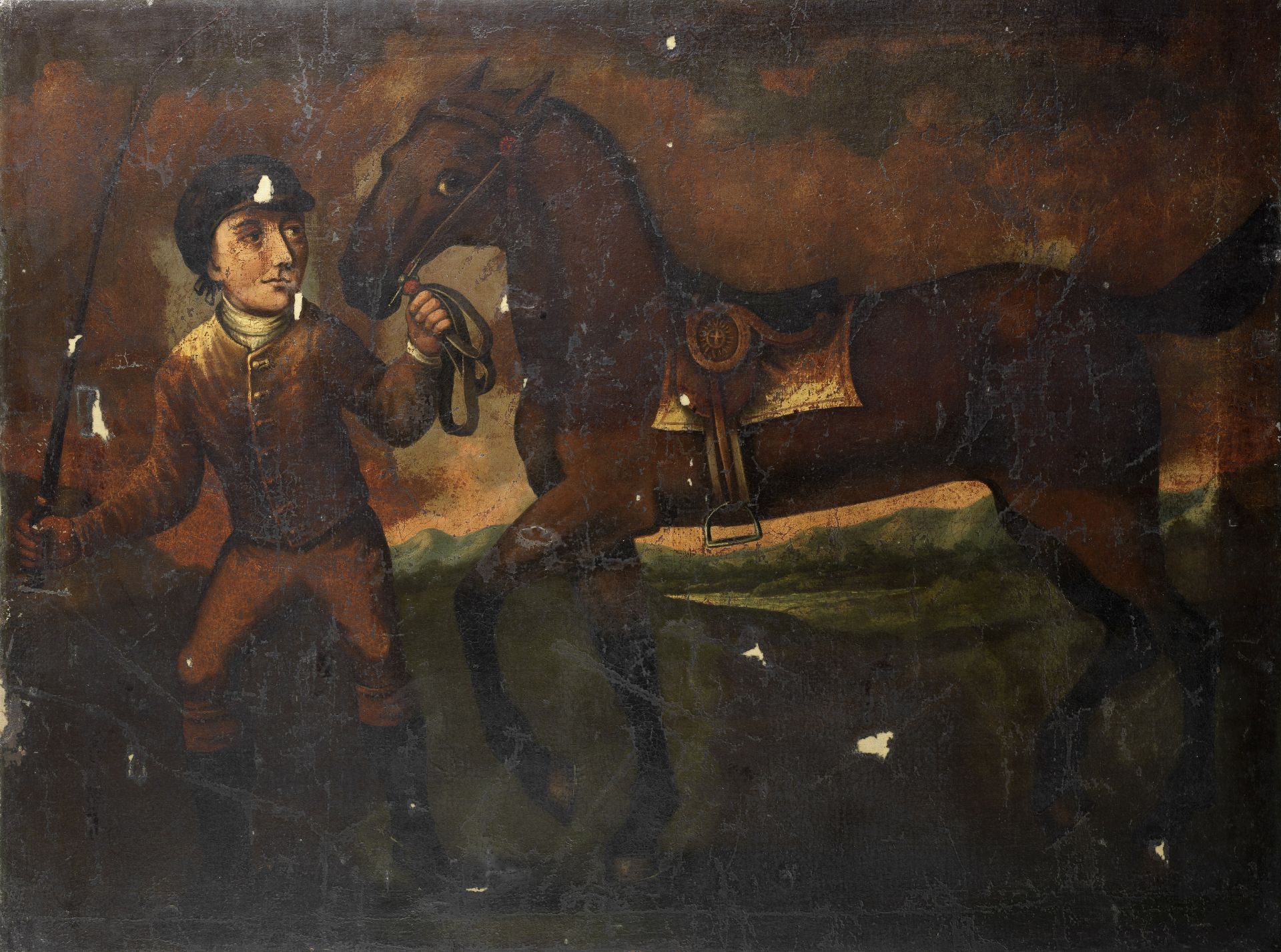 English Naive School, 19th Century A jockey with a horse in a landscape unframed