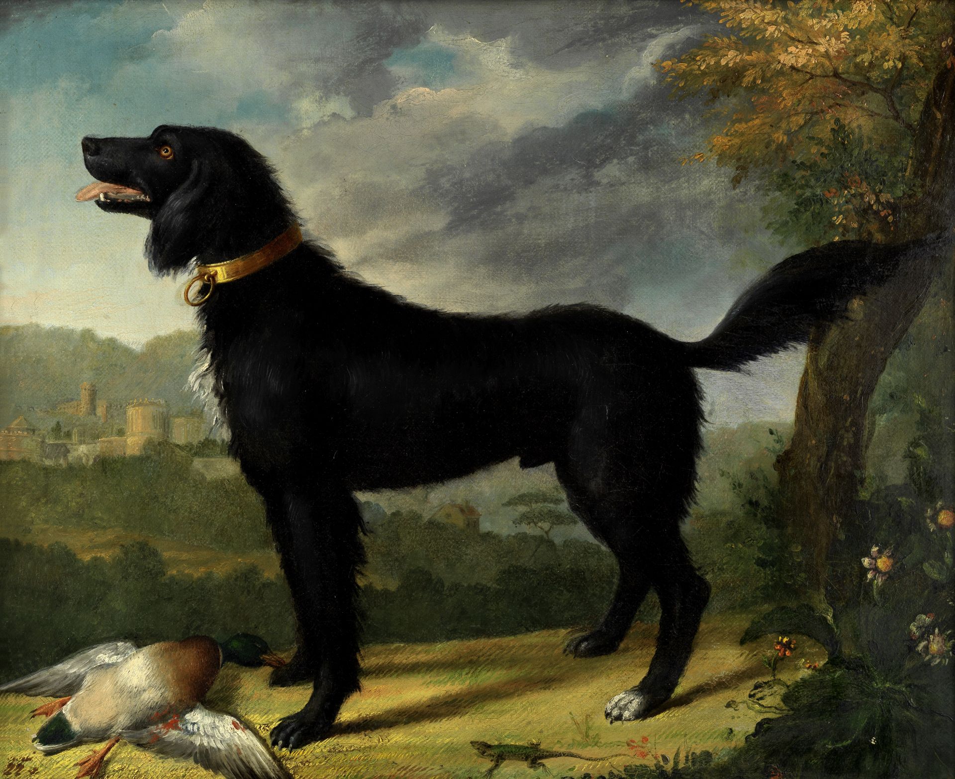 Roman School, circa 1800 A black retriever with a lizard and a dead duck in a landscape