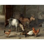 Edgar Hunt (British, 1876-1953) Goats and chickens feeding in a farmyard interior