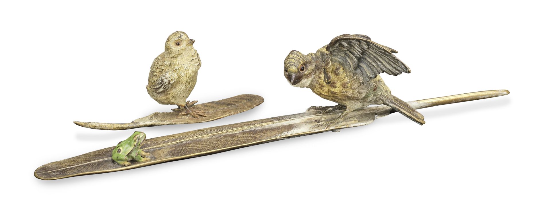 After Franz Xavier Bergmann (Austrian, 1861-1936): A cold painted bronze model of a bird and a fr...