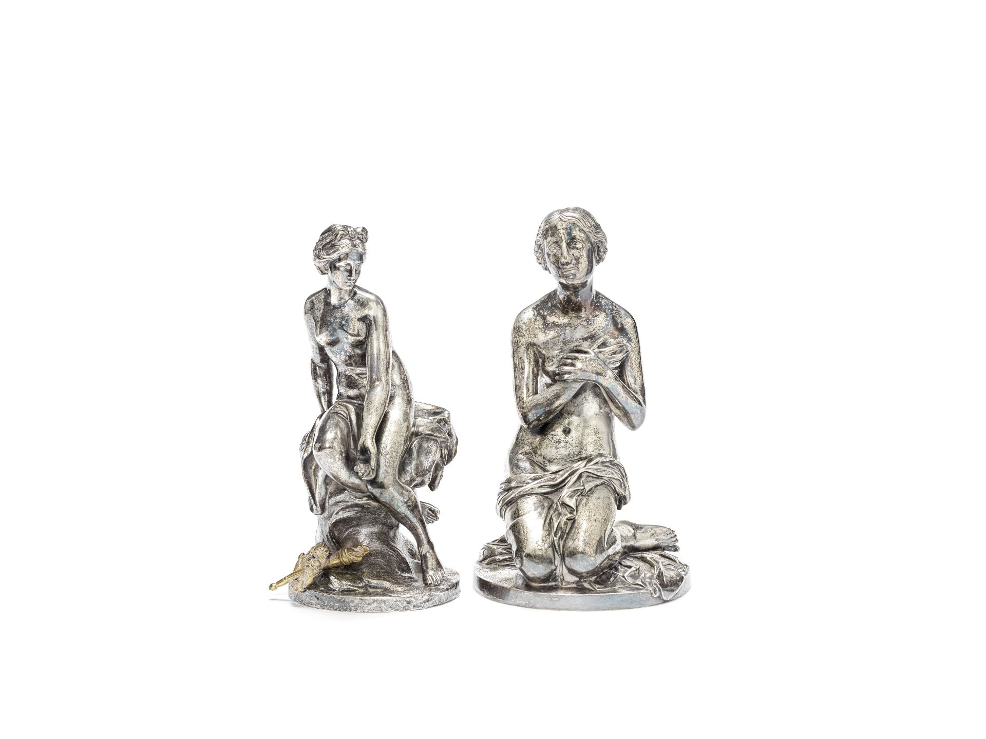 After Jean Louis Nicolas Jaley (French, 1802-1866): Two 19th century silvered bronze figures of n...