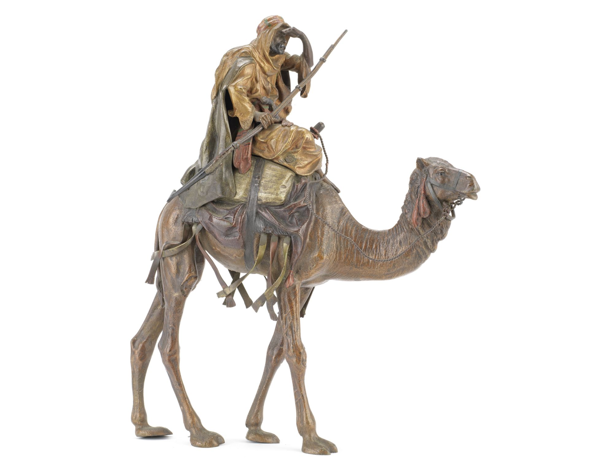 Franz Bergman (Austrian, 1861-1936): A cold painted bronze Orientalist figural group of an Arab ...