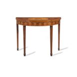 A harewood, tulipwood, satinwood, purplewood and marquetry demi-lune pier table the frieze appar...