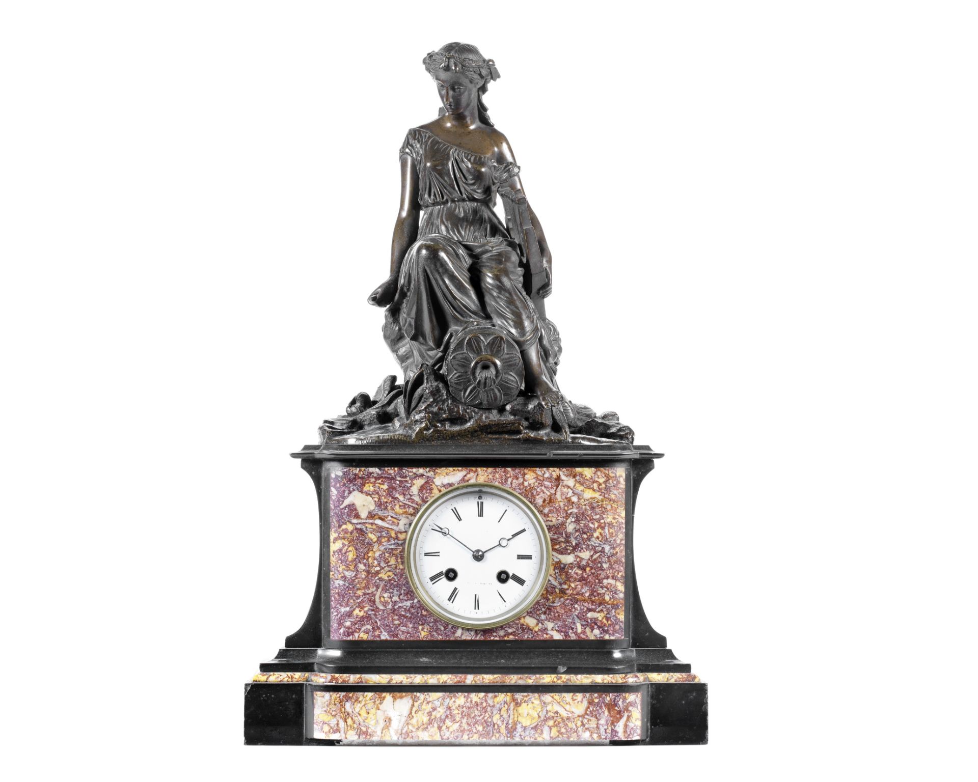 A late 19th century French patinated bronze and marble figural mantel, the figure after Jean-Jacq... - Image 2 of 3