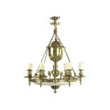 A 19th century brass and cut glass six light dish light chandelier