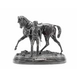 After Pierre Jules Mene (French, 1810-79): A patinated bronze equestrian group of 'Vainqueur !!!'