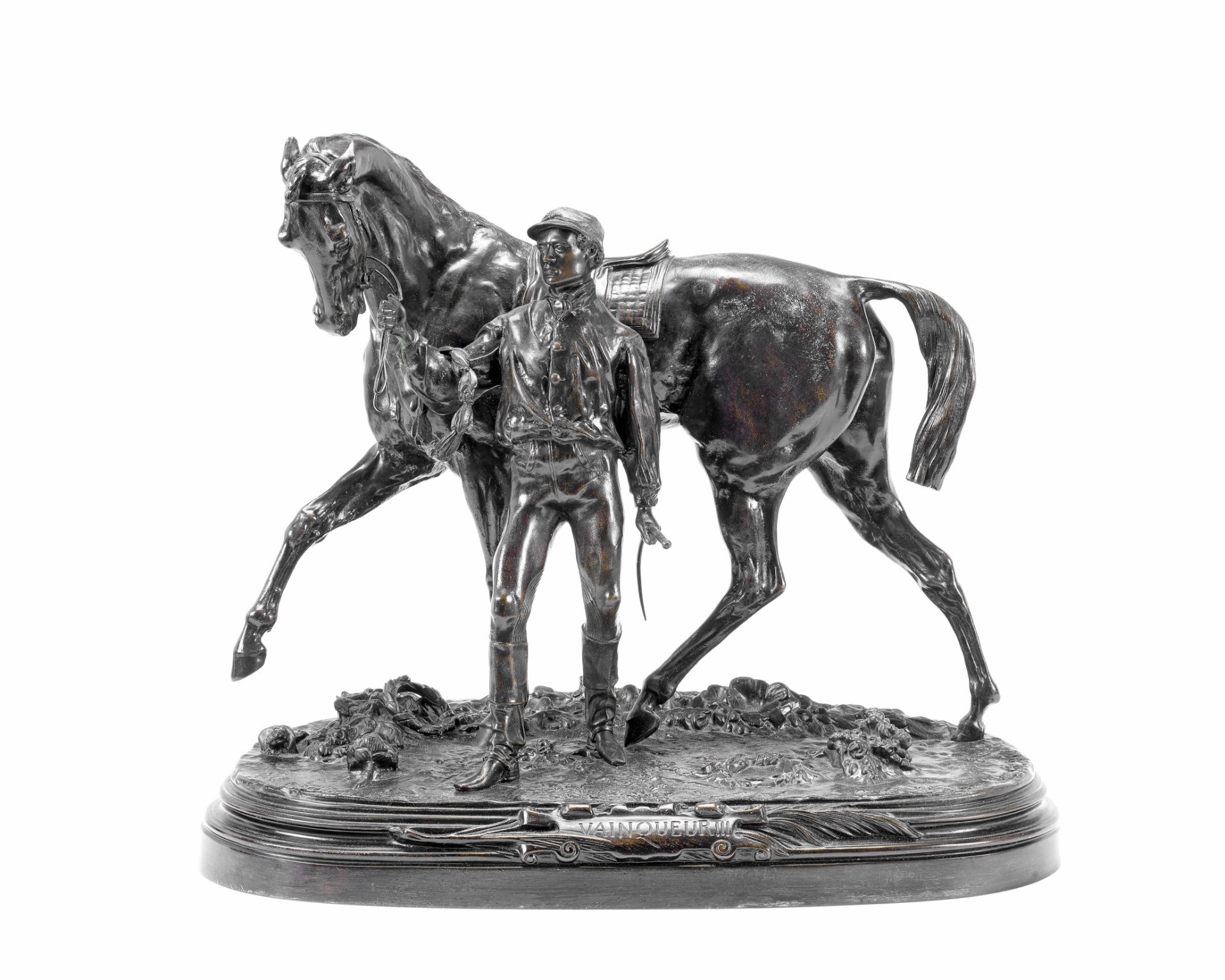 After Pierre Jules Mene (French, 1810-79): A patinated bronze equestrian group of 'Vainqueur !!!'