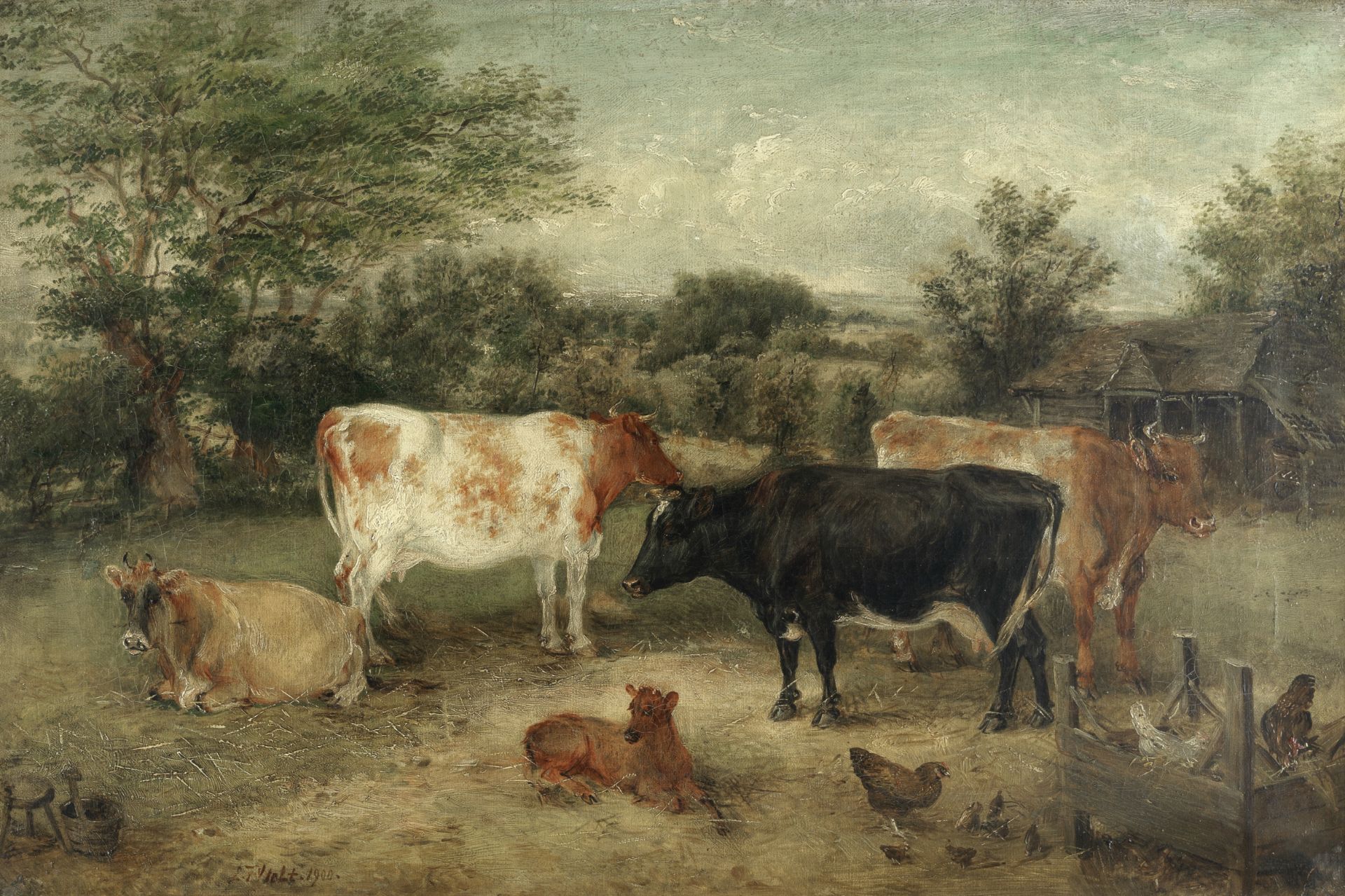 Edwin Frederick Holt (British, 1830-1912) Cows in a farmyard with chickens and chicks