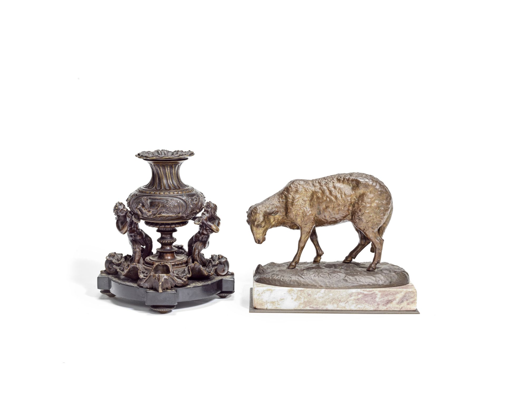 A late 19th / early 20th century French bronze model of a ewe together with a Renaissance style b...