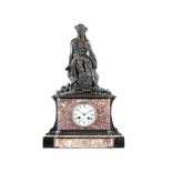 A late 19th century French patinated bronze and marble figural mantel, the figure after Jean-Jacq...