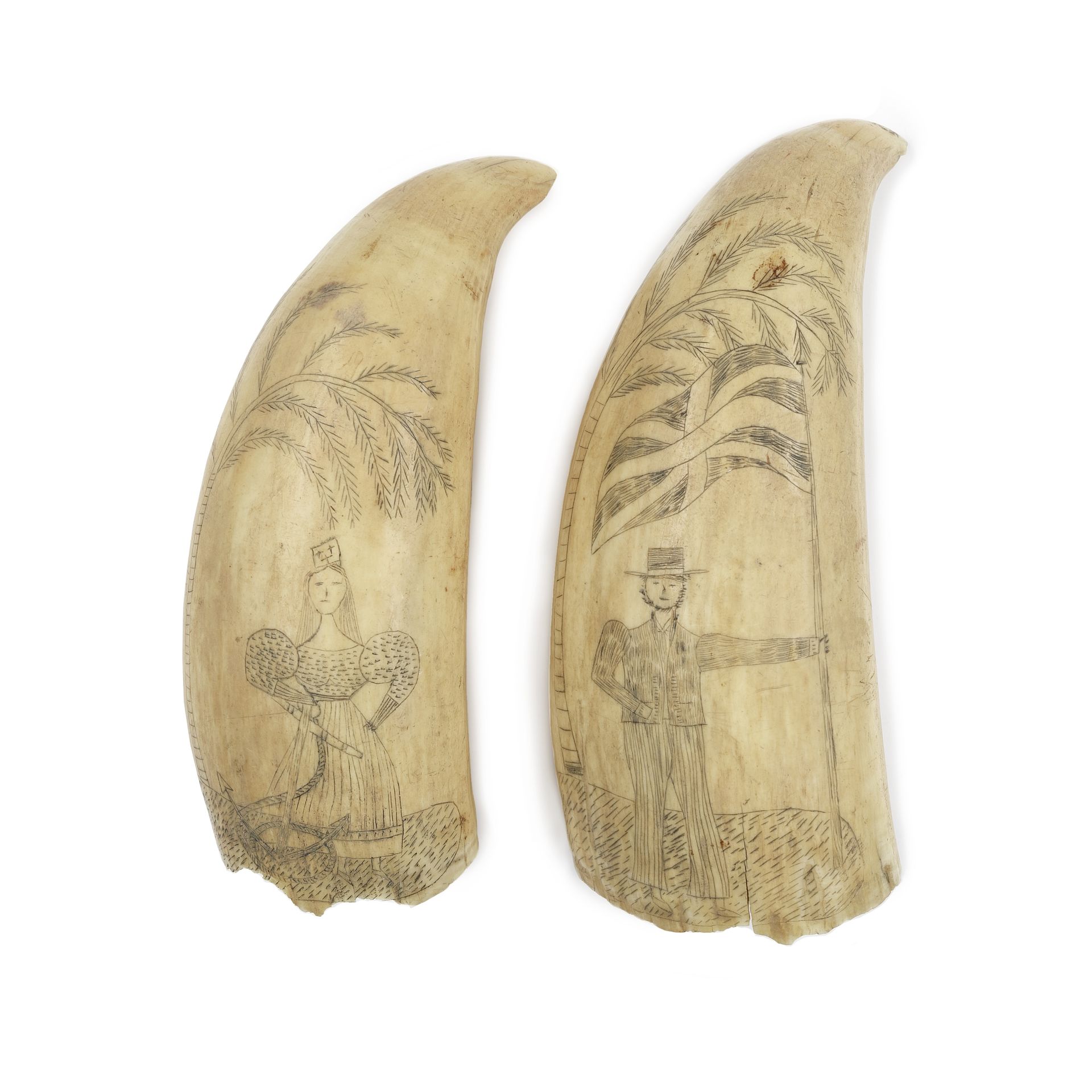 A pair of scrimshawed whale's teeth, English, mid 19th century, (2)