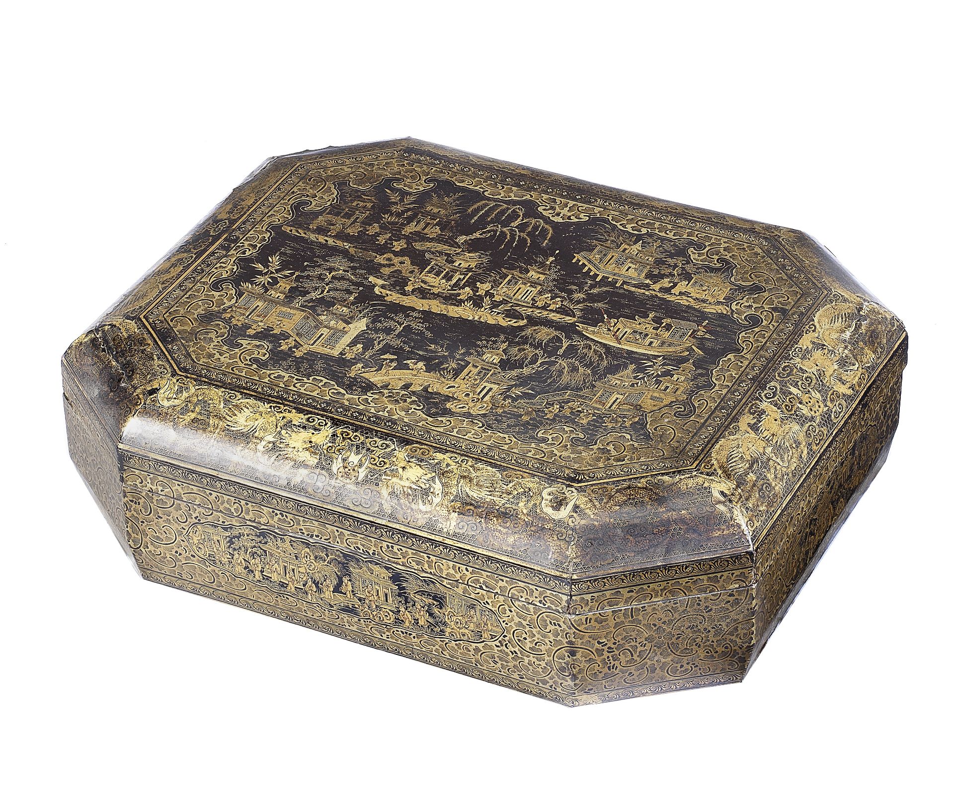 A 19th century Chinese Export gilt and black lacquered games box, containing a collection of simi...
