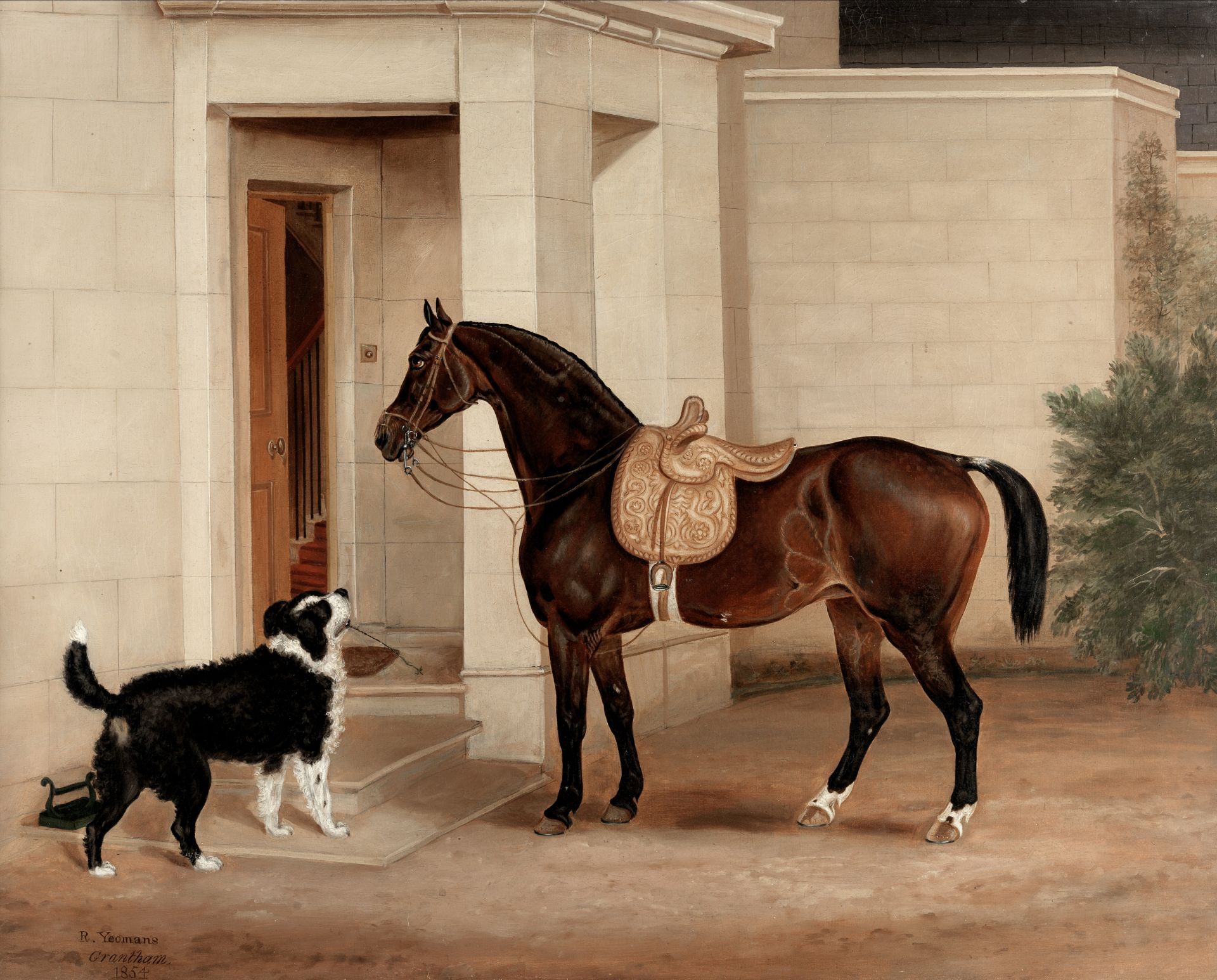 R. Yeomans (British, 19th century) A horse greeted by a dog