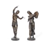 After Baron Charles-Arthur Bourgeois (French, 1838-1886): A pair of patinated bronze figures of E...