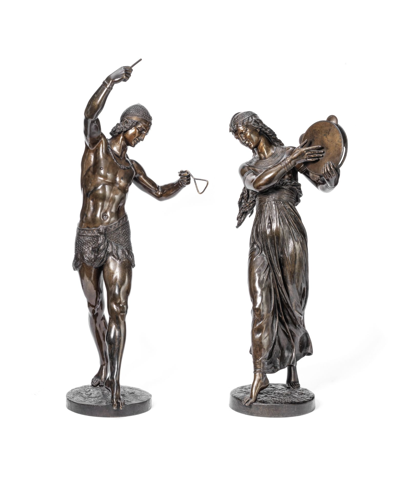 After Baron Charles-Arthur Bourgeois (French, 1838-1886): A pair of patinated bronze figures of E...