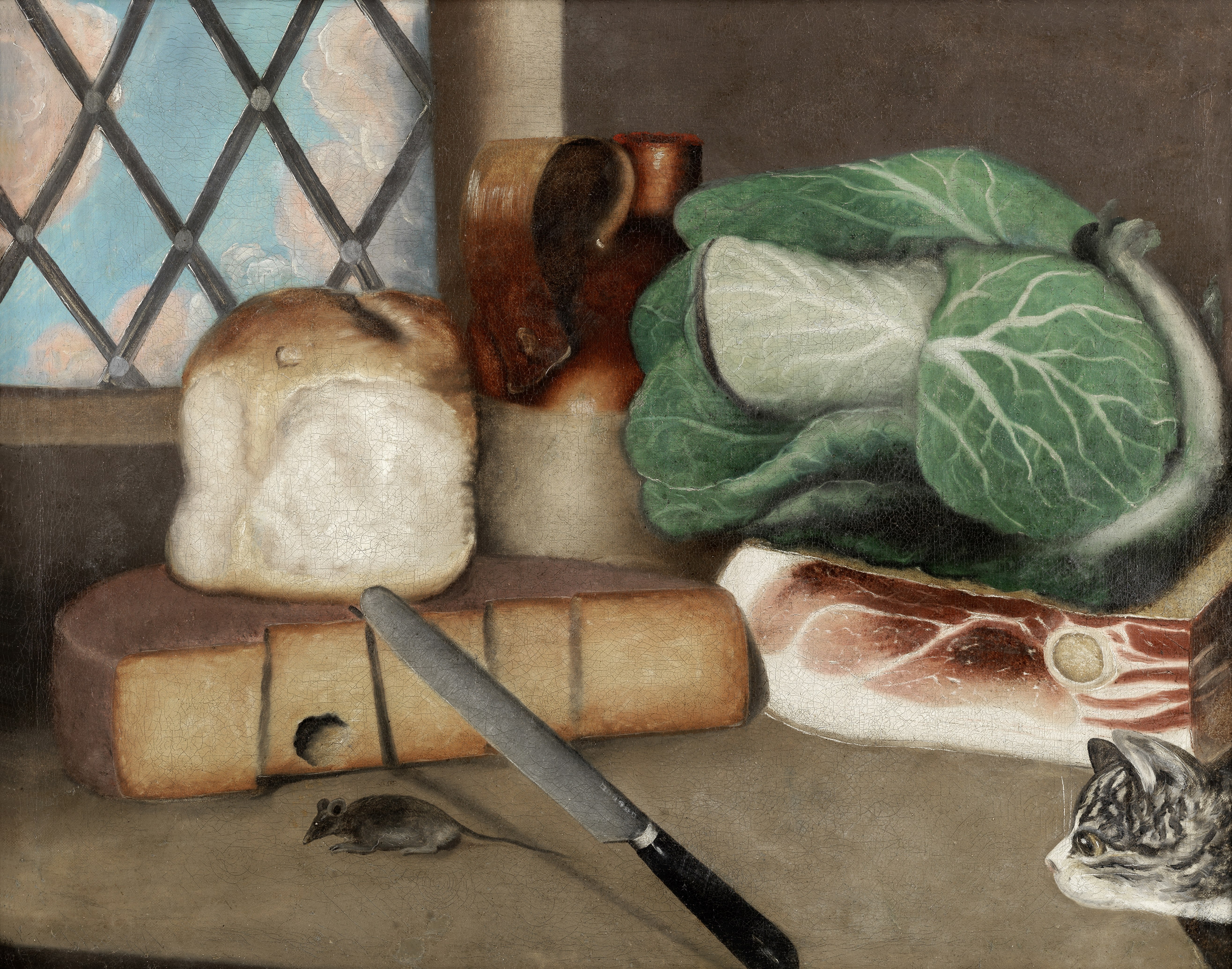 English School, 19th Century Still life of food with a cat stalking a mouse