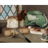 English School, 19th Century Still life of food with a cat stalking a mouse