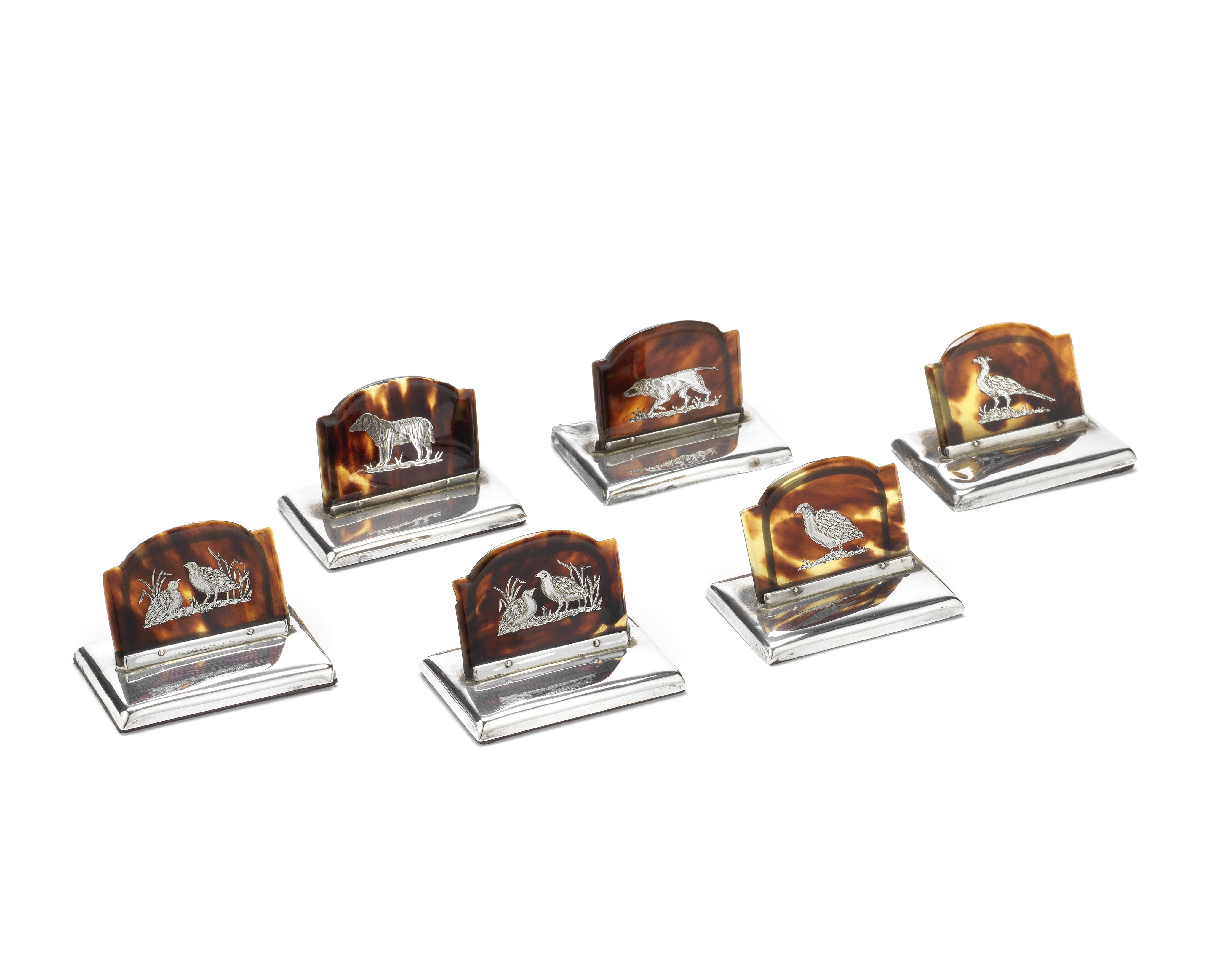 A cased set of six silver and tortoiseshell menu holders J Batson & Son, London 1912, retailed by...