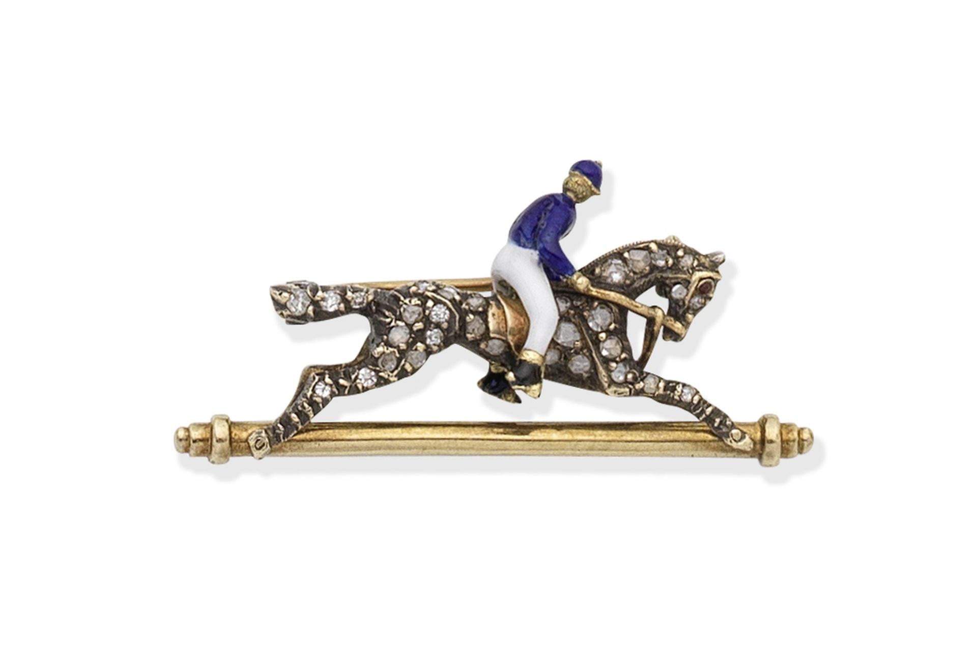 DIAMOND AND ENAMEL HORSE AND JOCKEY BROOCH,