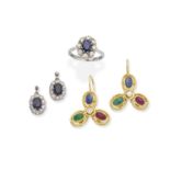 SAPPHIRE AND DIAMOND CLUSTER RING AND EARRING SUITE, AND A PAIR OF DIAMOND AND GEM-SET EARRINGS