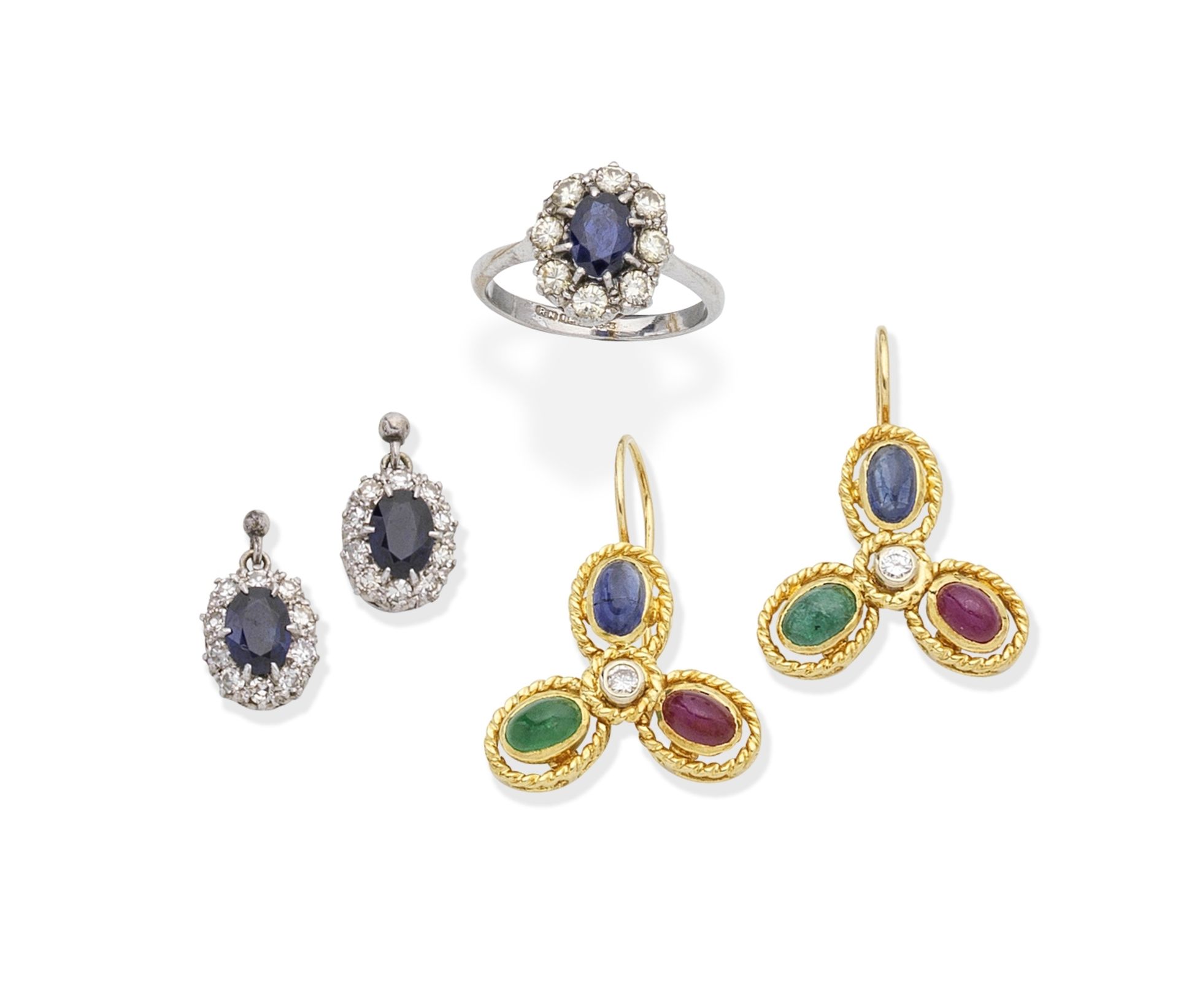 SAPPHIRE AND DIAMOND CLUSTER RING AND EARRING SUITE, AND A PAIR OF DIAMOND AND GEM-SET EARRINGS