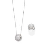 CULTURED PEARL AND DIAMOND PENDANT NECKLACE AND CULTURED PEARL AND DIAMOND RING (2)