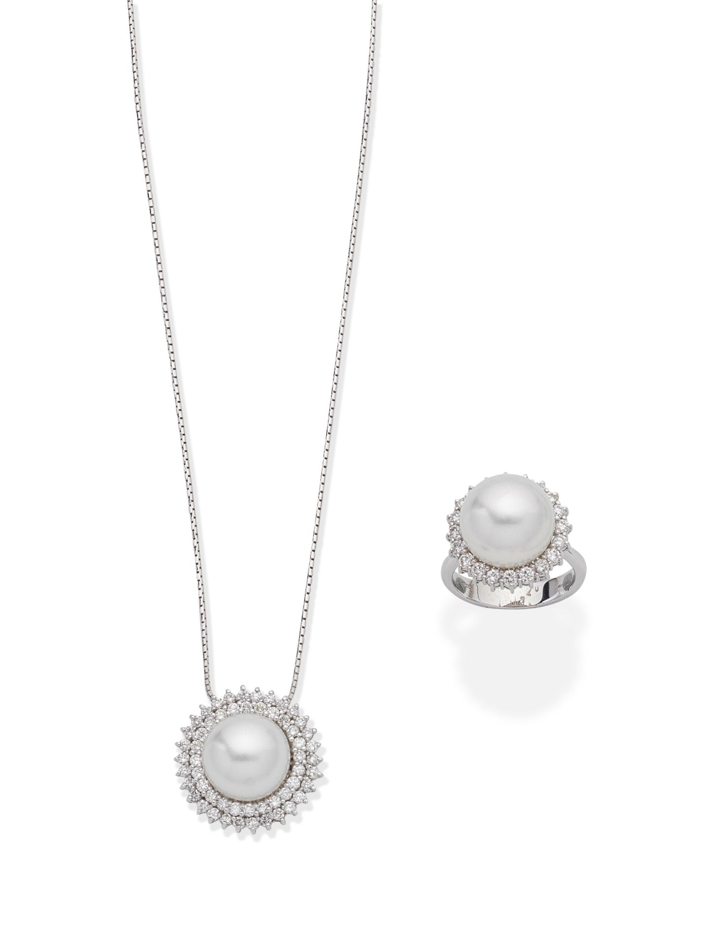 CULTURED PEARL AND DIAMOND PENDANT NECKLACE AND CULTURED PEARL AND DIAMOND RING (2)