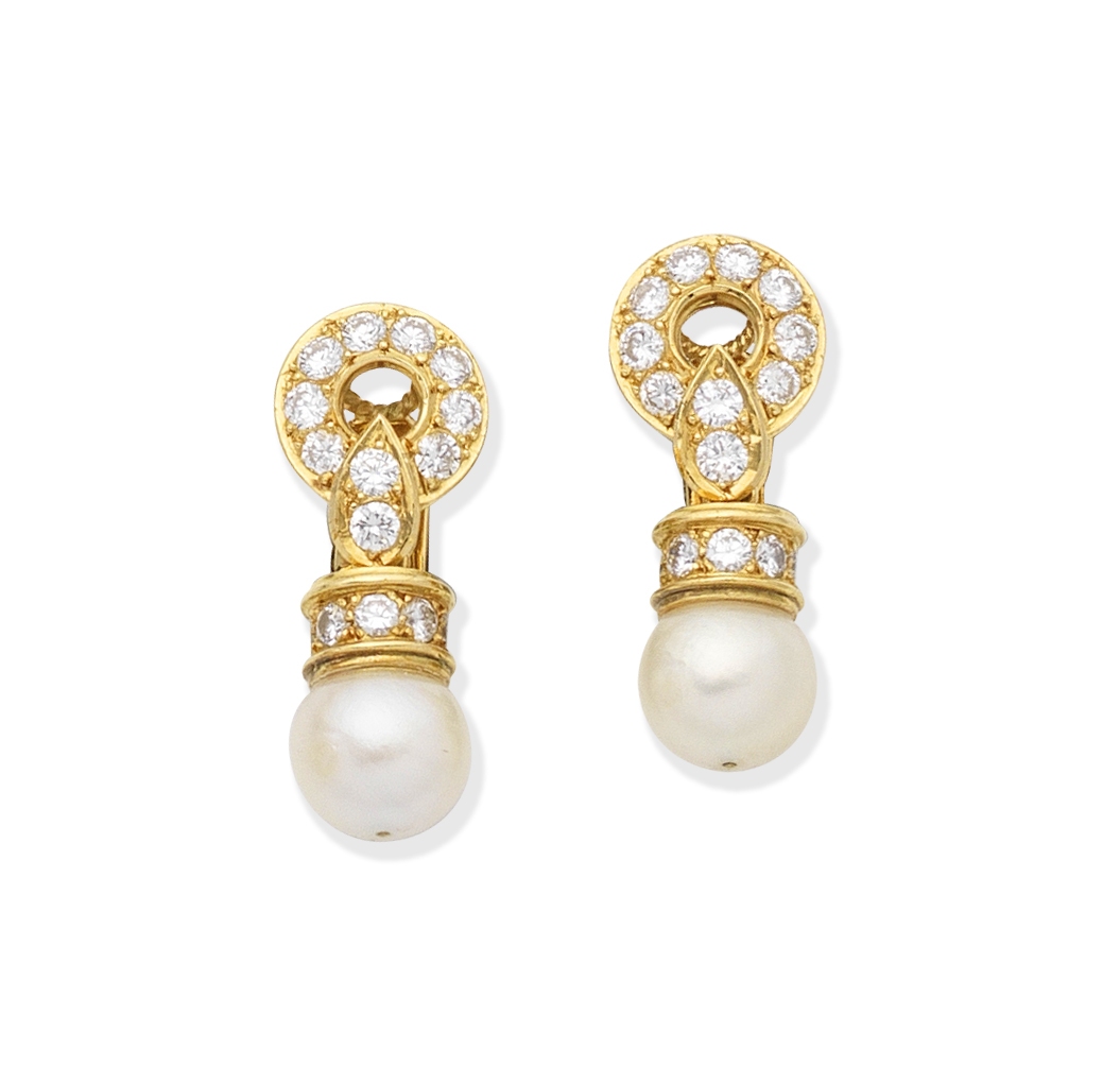 CULTURED PEARL AND DIAMOND PENDENT EARCLIPS