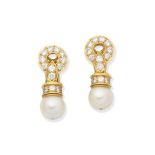 CULTURED PEARL AND DIAMOND PENDENT EARCLIPS