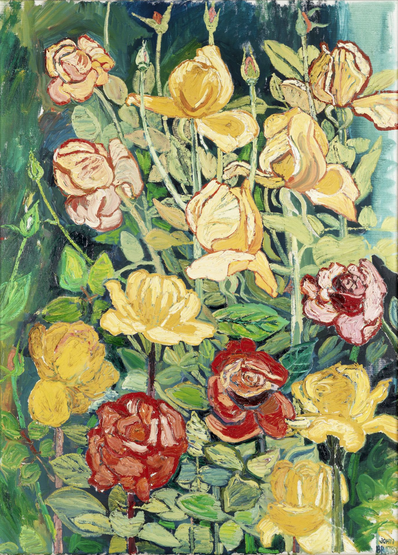 John Bratby R.A. (British, 1928-1992) Upstanding Yellow Roses and Buds