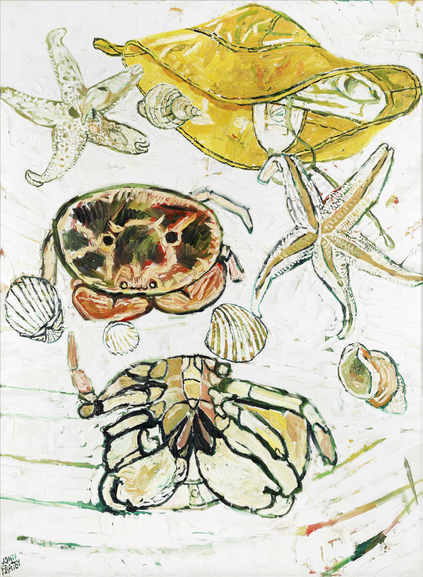 John Bratby R.A. (British, 1928-1992) Starfish, a Sou'wester, Shells and Crabs