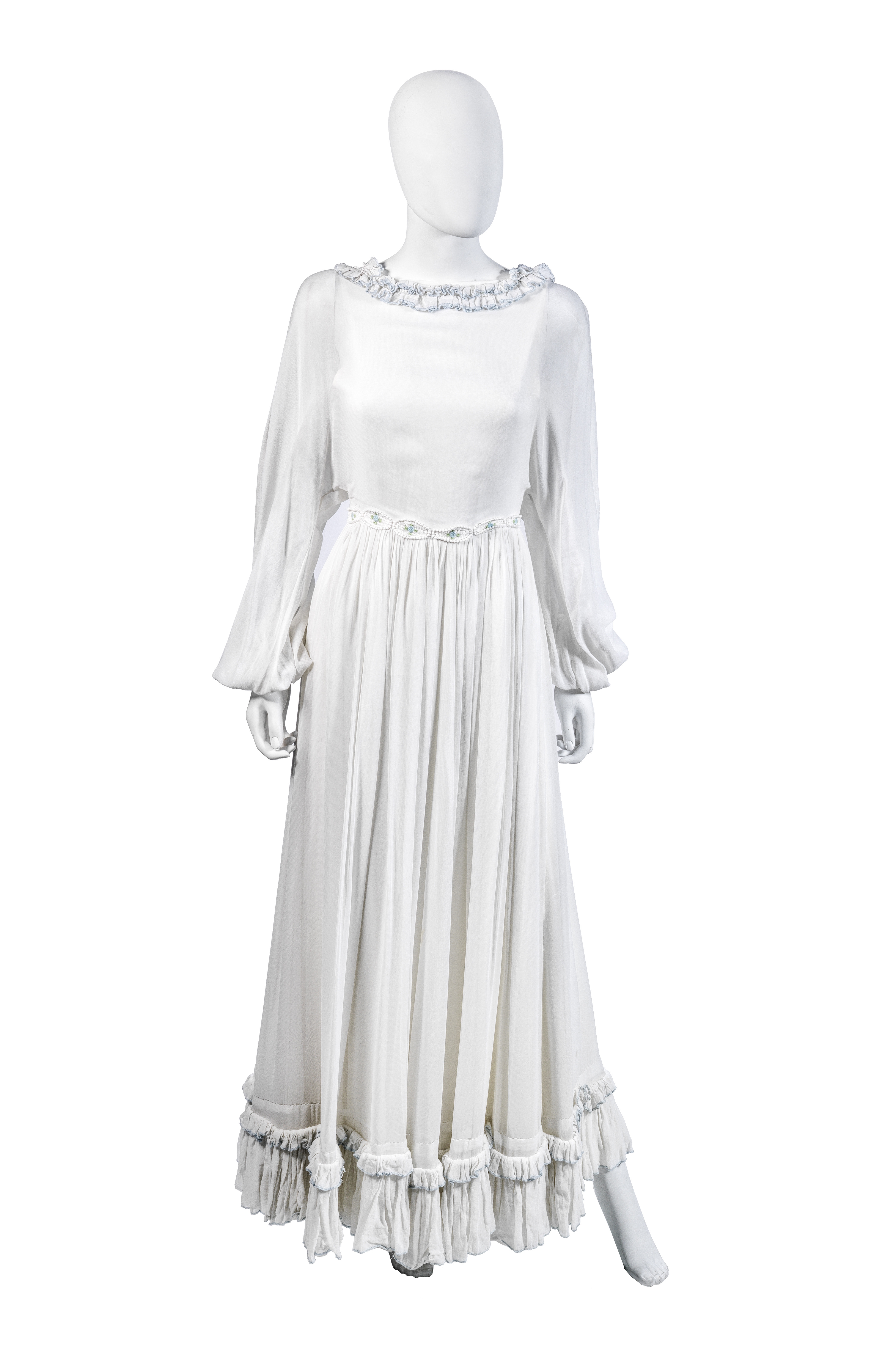 Jean Varon White Dress White Chiffon Dress, 1970s