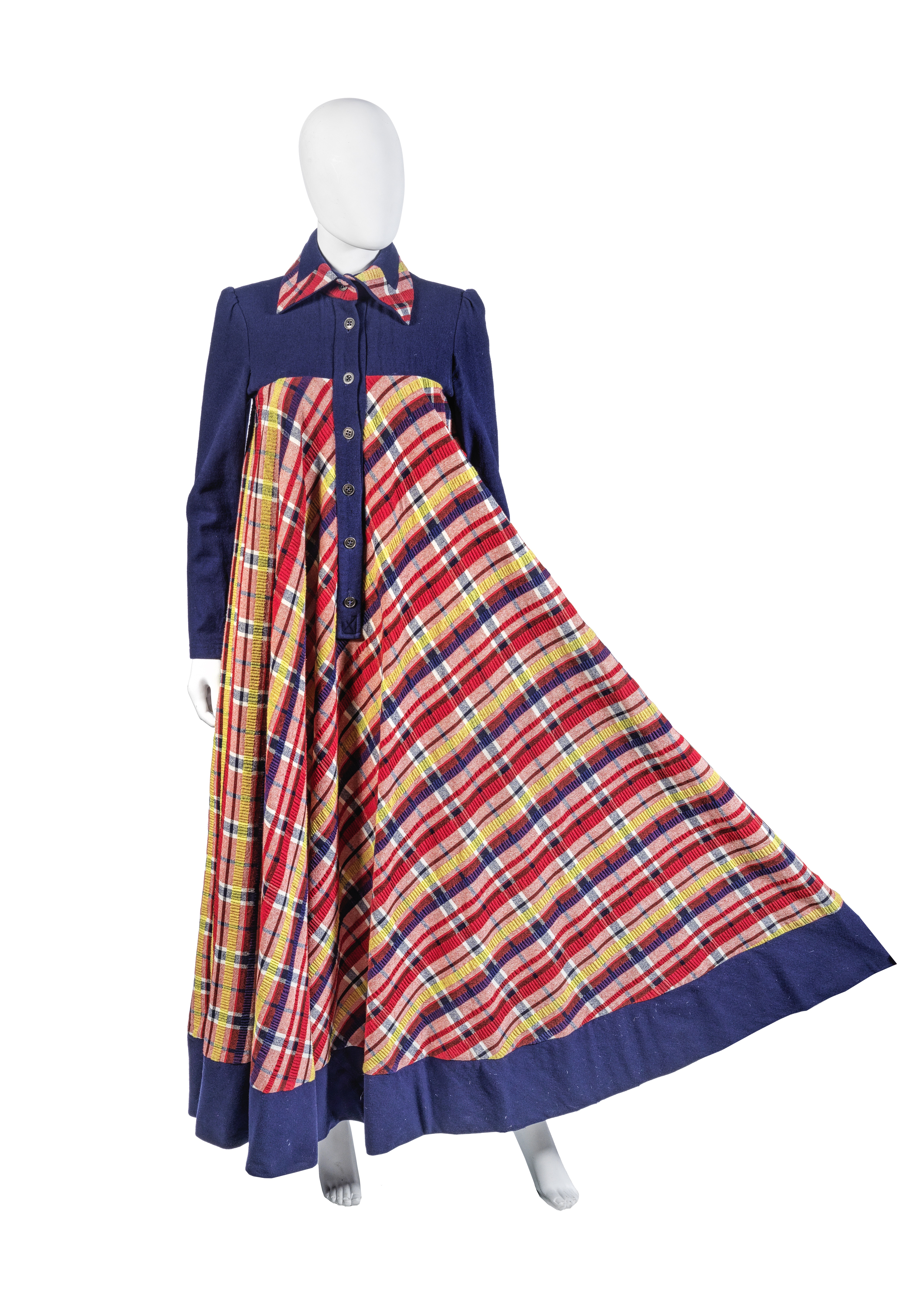 Jean Varon (John Bates) Blue and Red Wool Tartan Maxi Dress, circa 1969