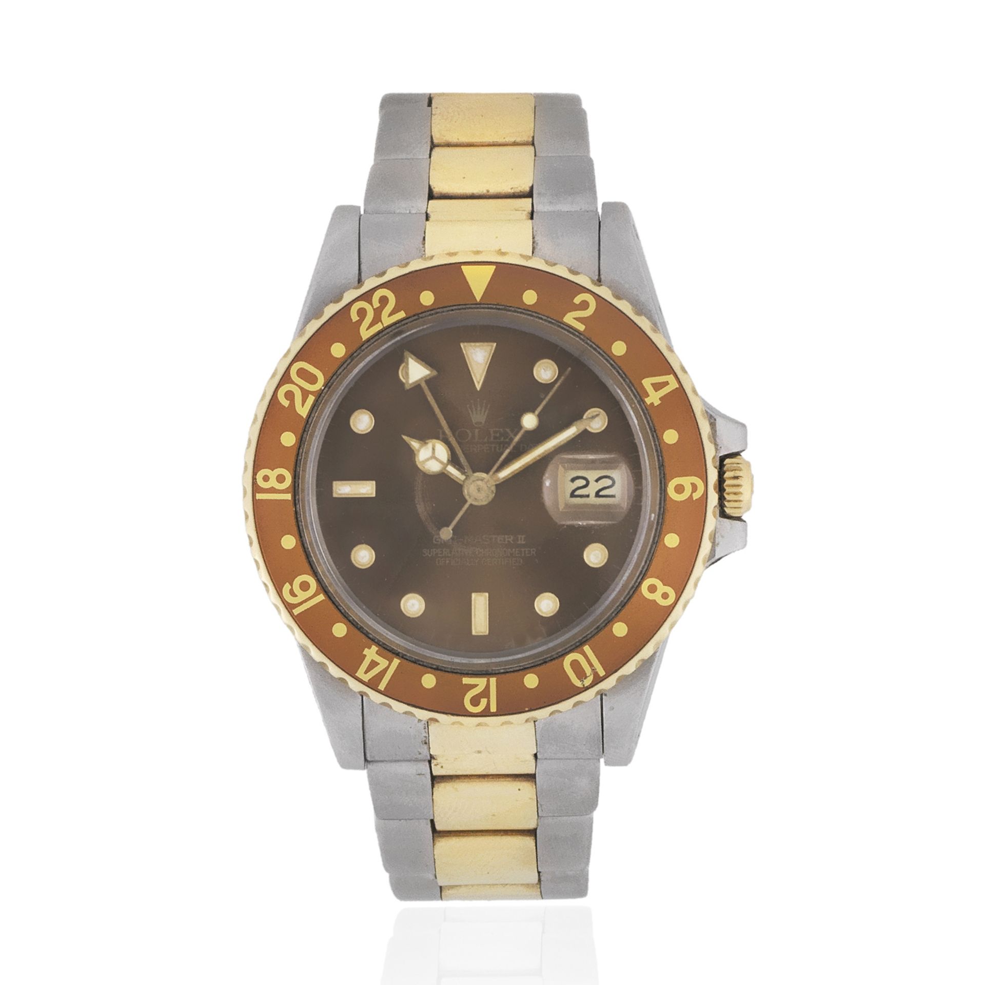 Rolex. A stainless steel and gold automatic calendar bracelet watch with dual time zone GMT Mast...