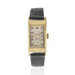 Patek, Philippe & Co, Geneve. A rare double signed 18K gold manual wind rectangular wristwatch re...