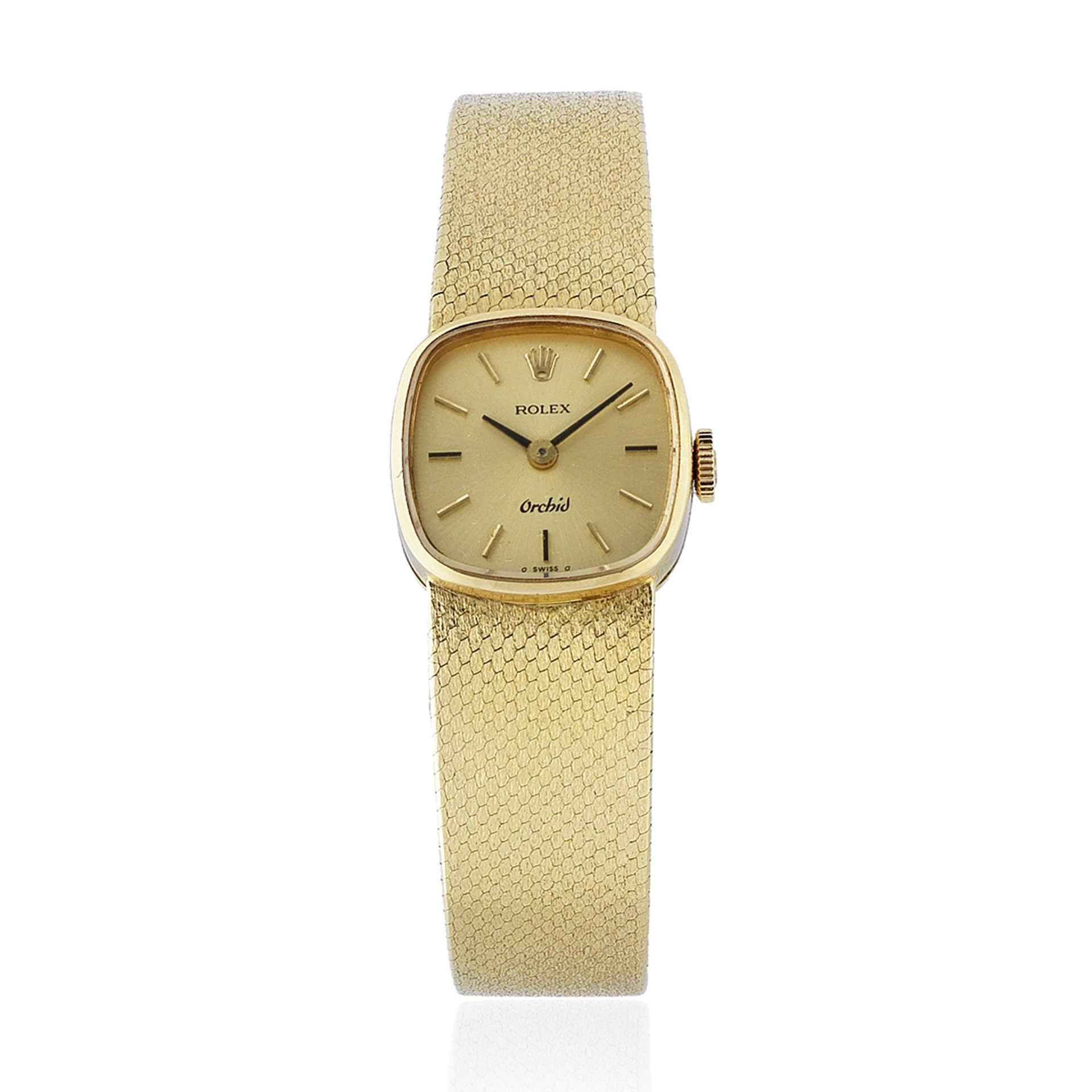 Rolex. A lady's 18K gold manual wind cushion form bracelet watch Orchid, Ref: 2662, Circa 1970